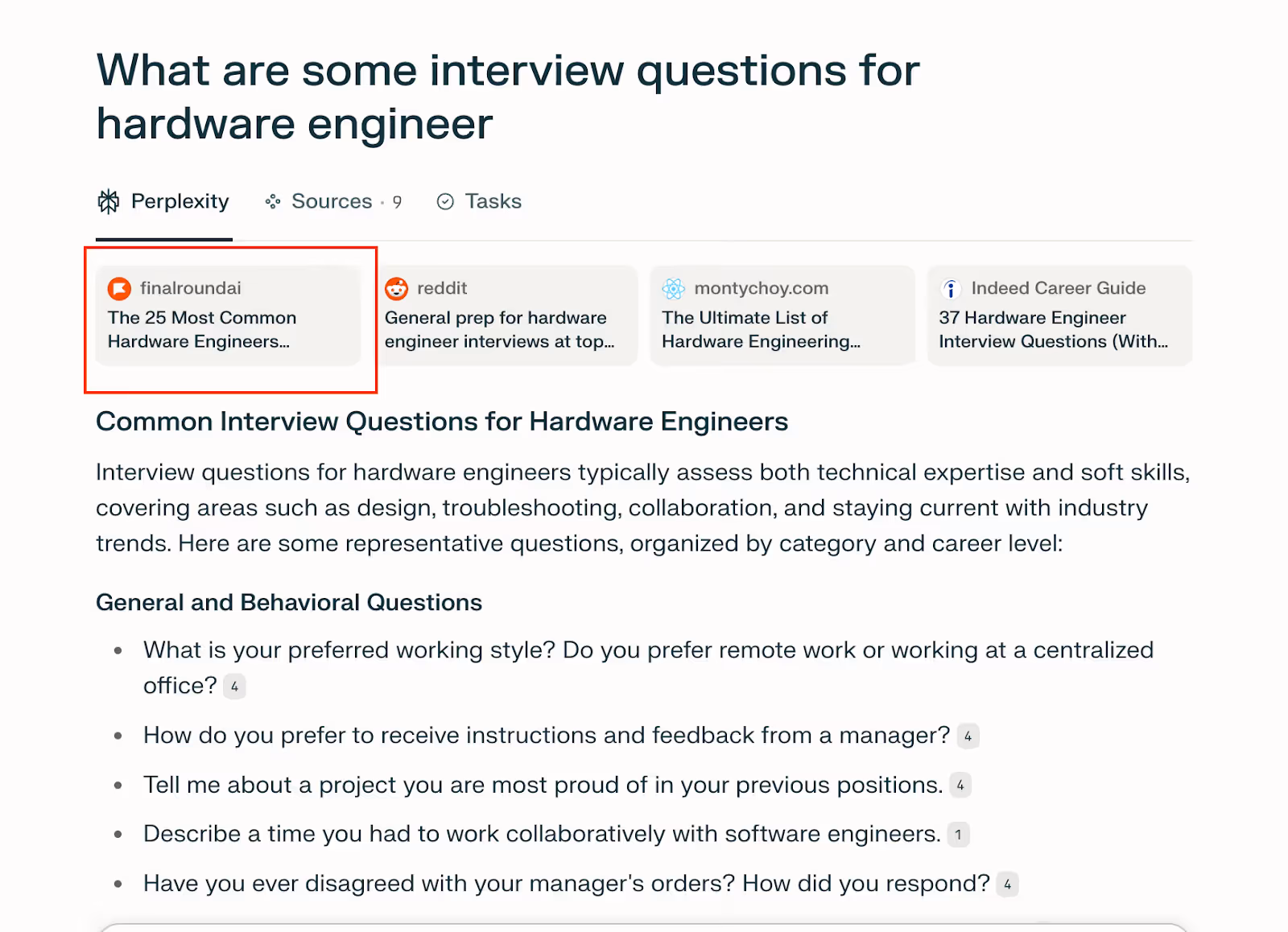 A Perplexity answer to “What are some interview questions for hardware engineer”, with finalroundai.com as the first cited source.