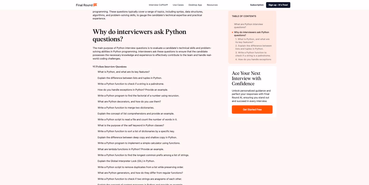 Final Round AI's Python interview-questions page, listing 95 questions under a contents panel - the structured, extractable layout described alongside.