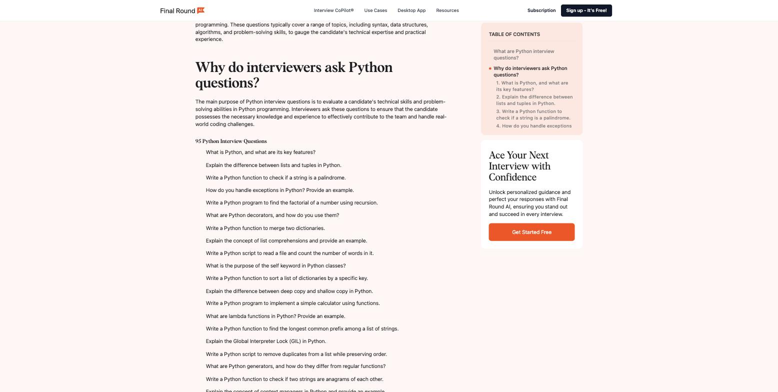 Final Round AI's Python interview-questions page, listing 95 questions under a contents panel - the structured, extractable layout described alongside.