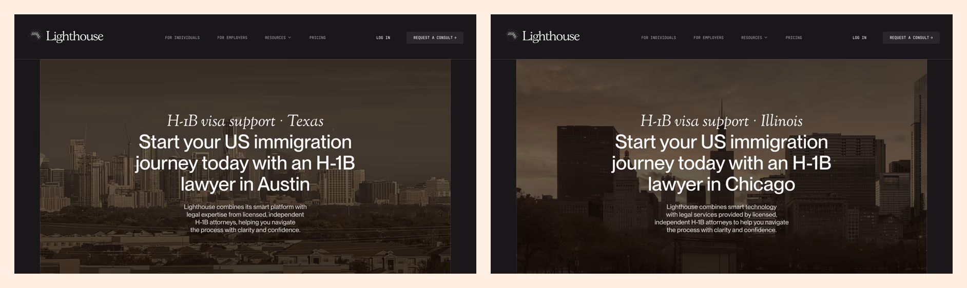 Two Lighthouse programmatic pages side by side: H-1B visa support in Texas and in Illinois, each with a city skyline hero.