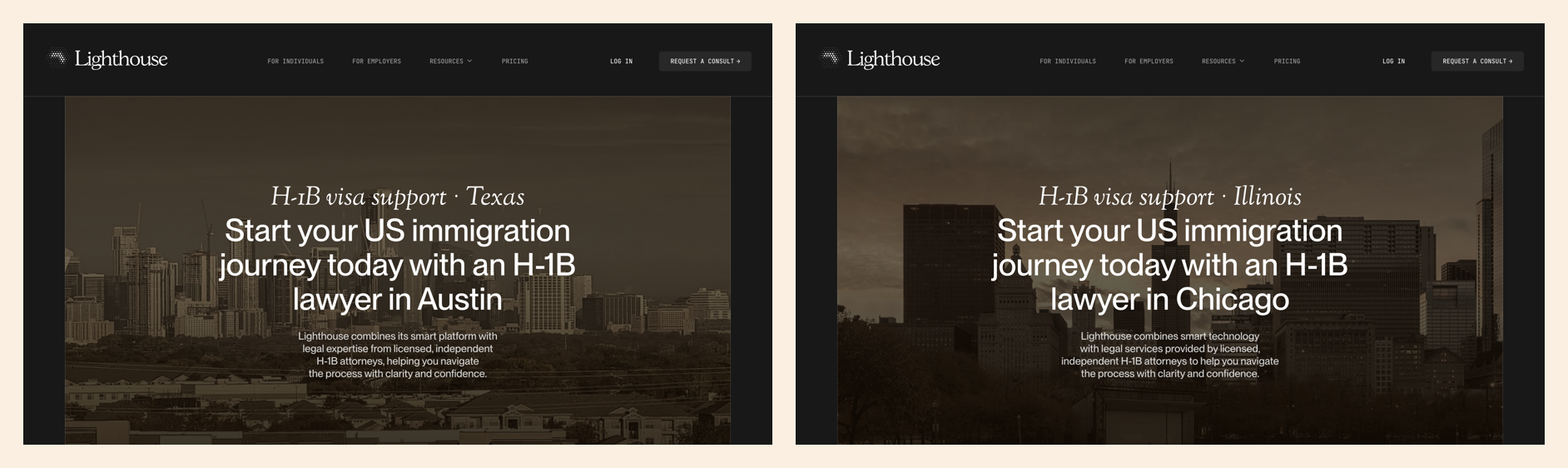 Two Lighthouse programmatic pages side by side: H-1B visa support in Texas and in Illinois, each with a city skyline hero.