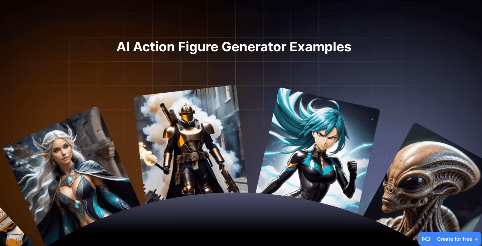 The “AI Action Figure Generator Examples” section of an OpenArt programmatic page, showing four AI-generated figures from OpenArt's own library.