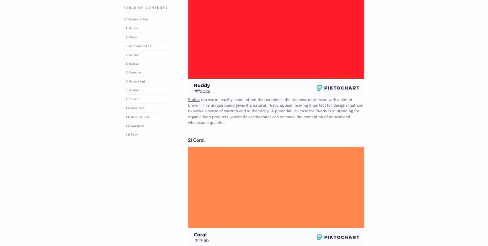 Piktochart's “25 Best Shades of Red” page: a contents list of all 25 shades beside full-width colour swatches labelled with their hex codes.