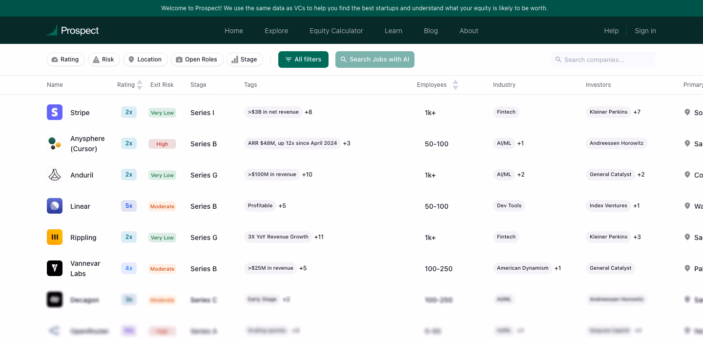 Prospect's company explorer: a table of startups with valuation multiples, exit risk, funding stage, headcount, industry and investors.