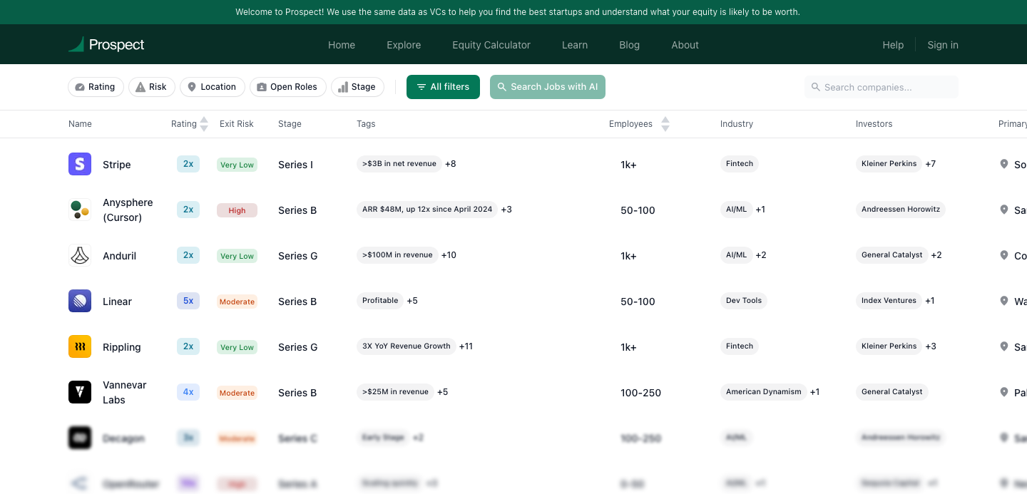Prospect's company explorer: a table of startups with valuation multiples, exit risk, funding stage, headcount, industry and investors.