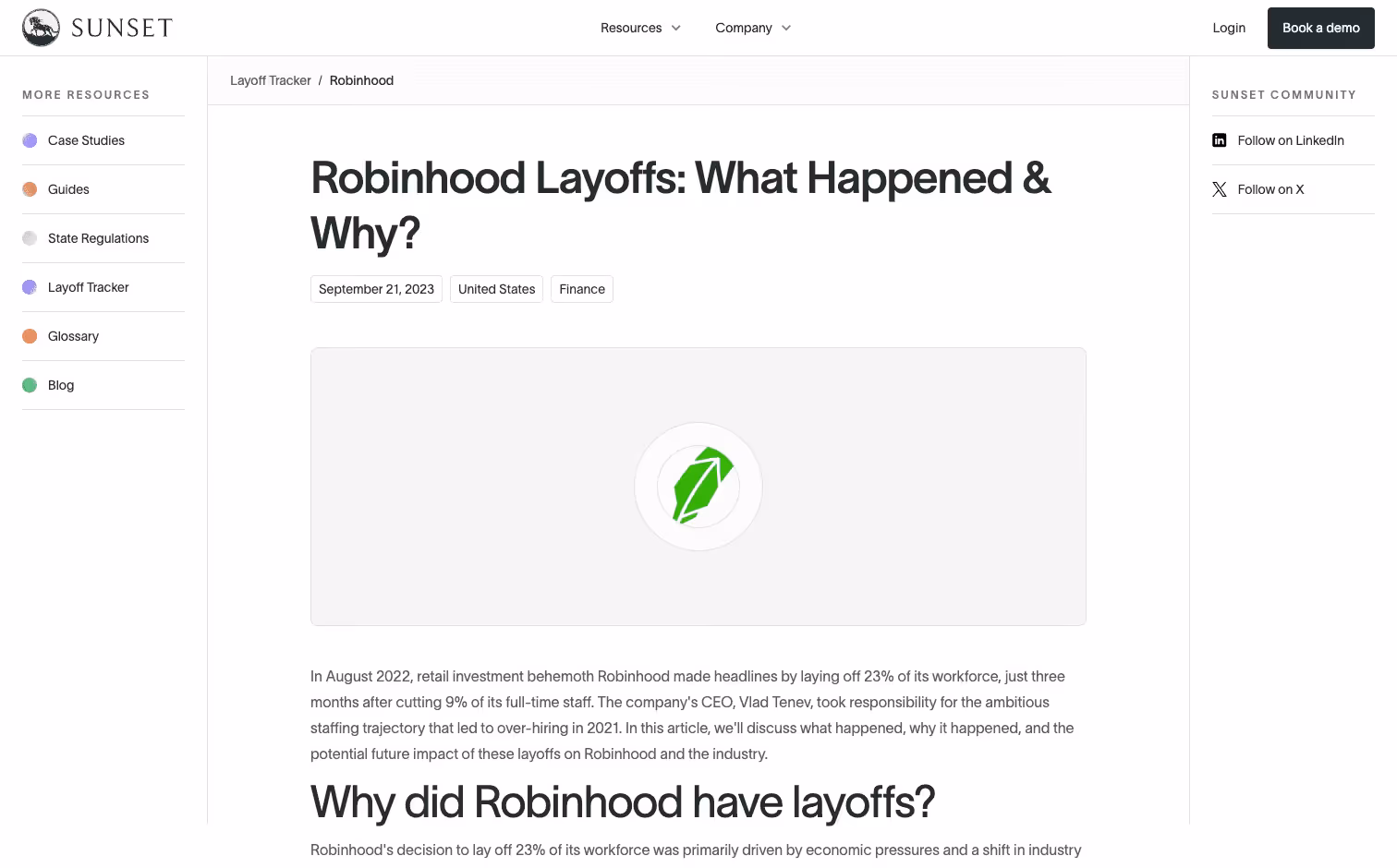 Sunset's programmatic “Robinhood Layoffs: What Happened & Why?” page, one of the 1,450 layoff pages built for the Layoff Tracker.