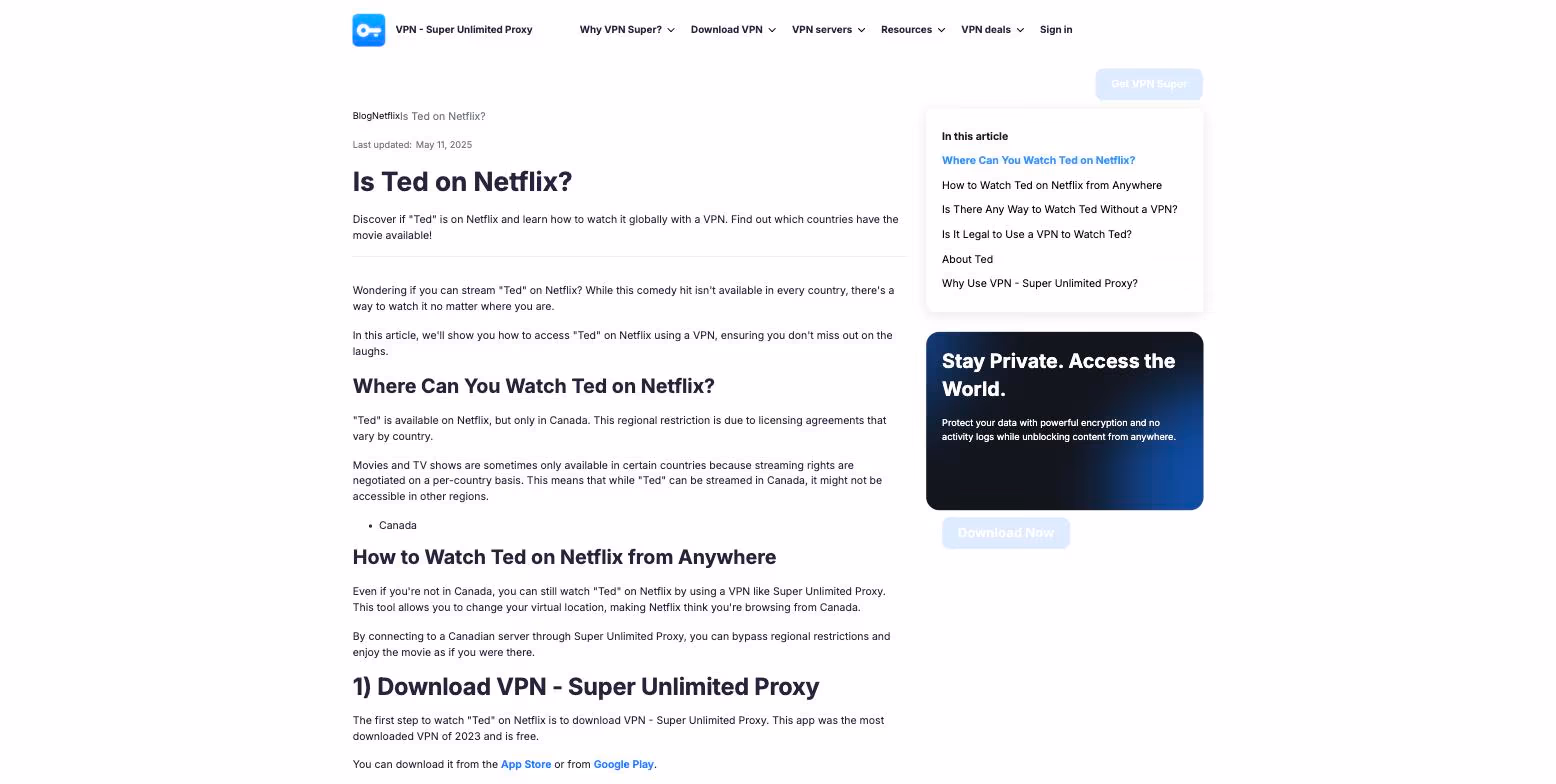 Super Unlimited's “Is Ted on Netflix?” page, with an in-article contents list, the availability answer by country, and the product panel.