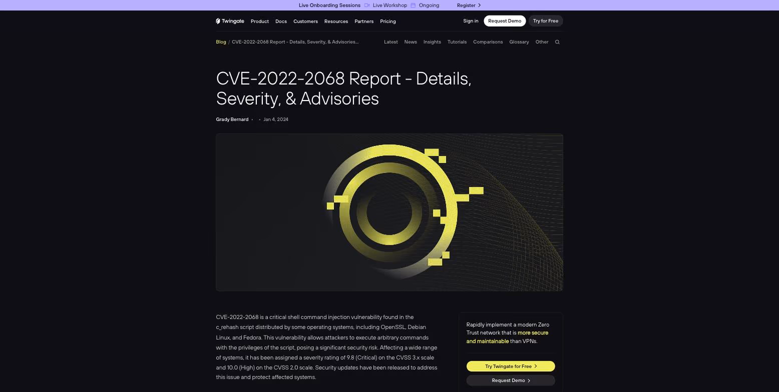 Twingate's CVE-2022-2068 report page: title, author and date, and a summary giving the 9.8 Critical CVSS severity rating.