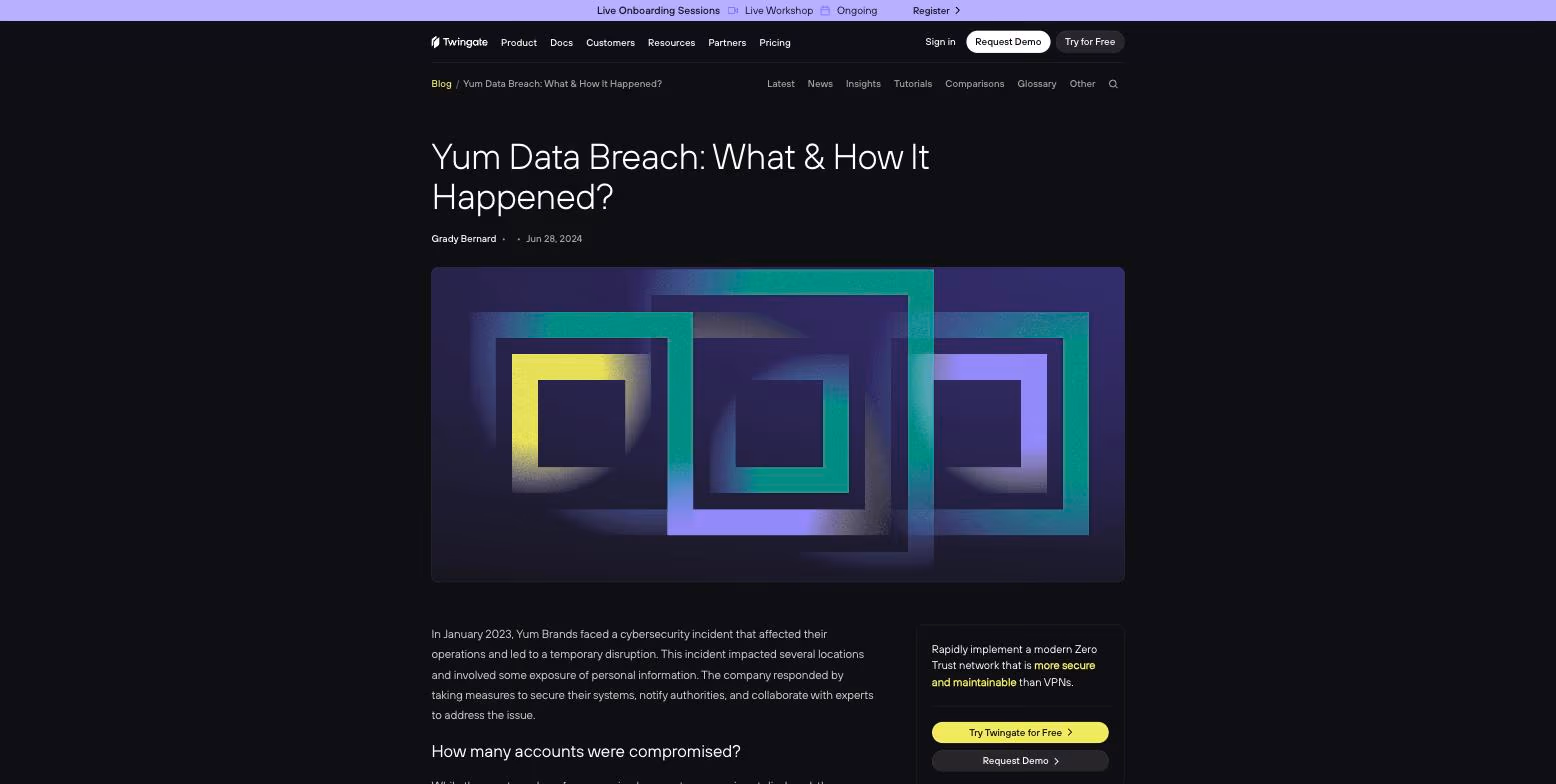 Twingate's Yum data breach page, opening with what happened and a “How many accounts were compromised?” section.